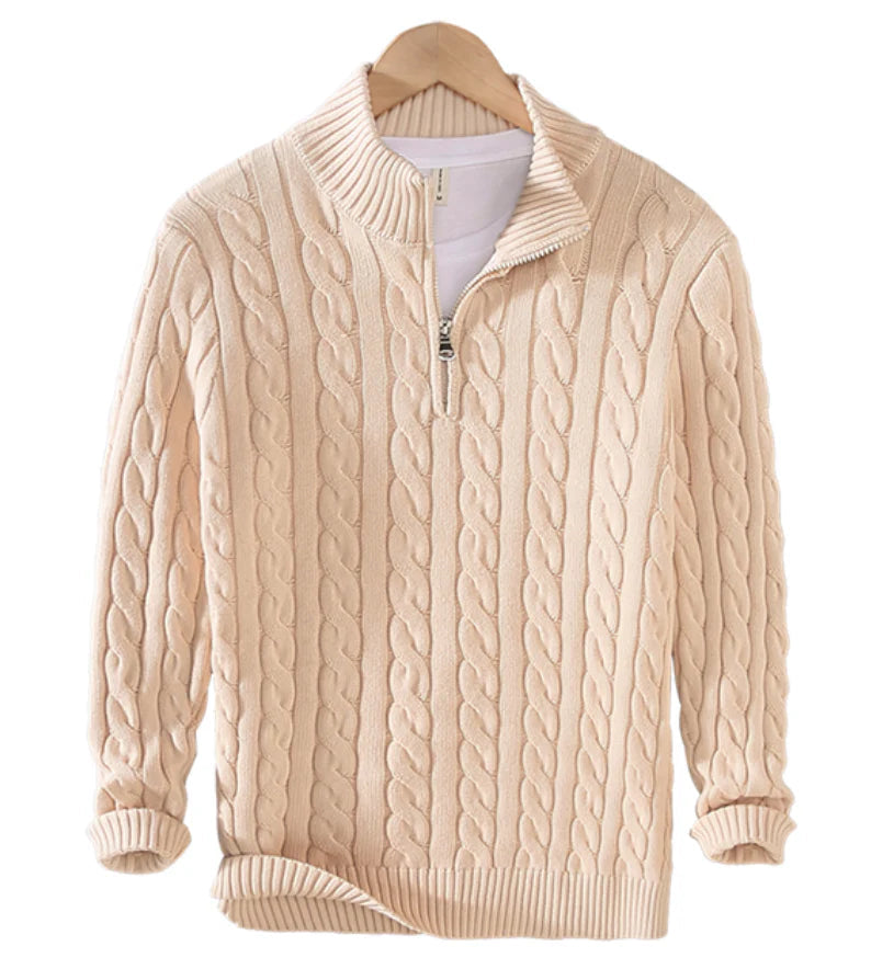 Herensweater met halve rits en kabelpatroon