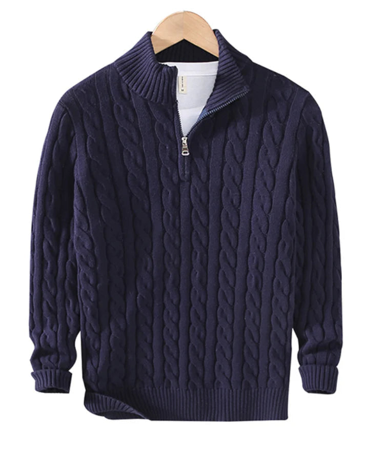 Herensweater met halve rits en kabelpatroon